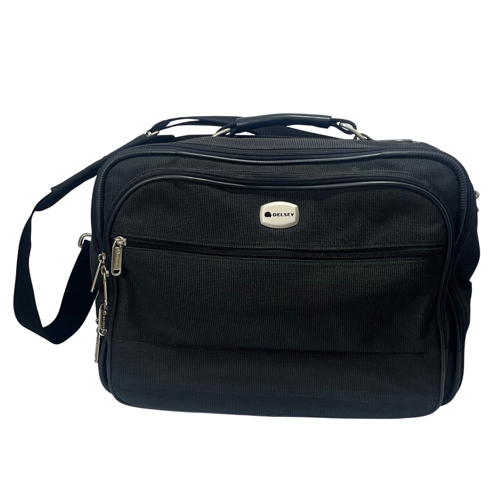 Delsey Black Helium Briefcase Laptop Travel Bag Heavy Canvas Carry Strap Handle - Picture 1 of 10